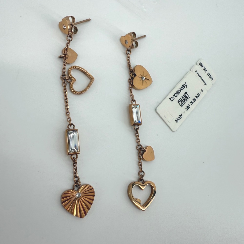 Brosway Chant Rose Gold Heart Drop Earrings Dangle Crystal Accent BAH24‎ NEW